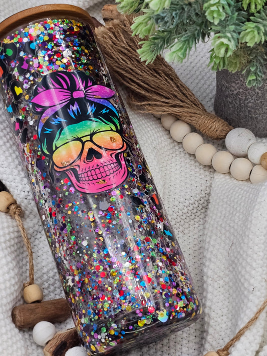 RTS {Neon Skull and "Fingers"} 20oz Glass Snow globe Tumbler *