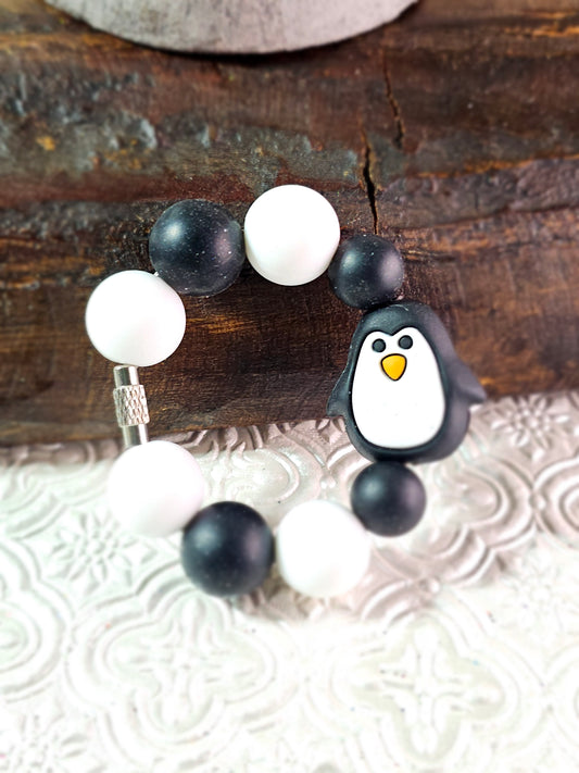 RTS- Beaded Tumbler Handle Charm Rings {Black and white Penguin}