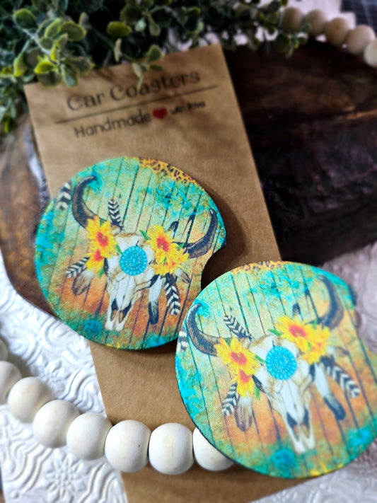 RTS {Bull skull with feathers and Sunflowers) Set of 2 Neoprene Coasters