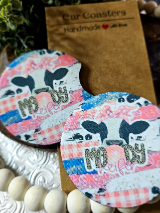 RTS {Moody Heifer pink and blue ) Set of 2 Neoprene Coasters