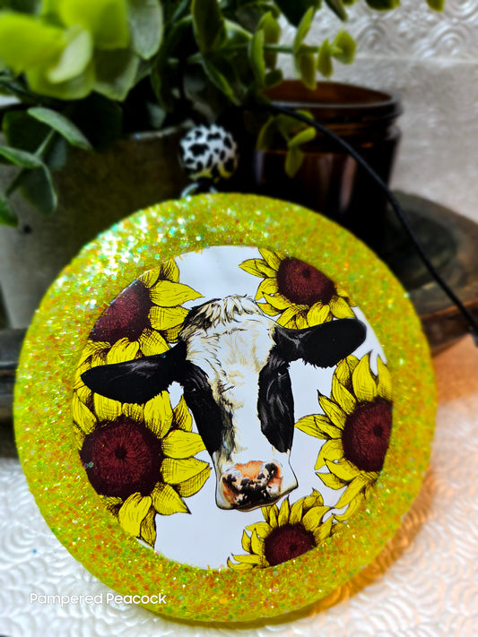 RTS- Yellow Sunflower and Cow Round {New Car Scent} Freshie *