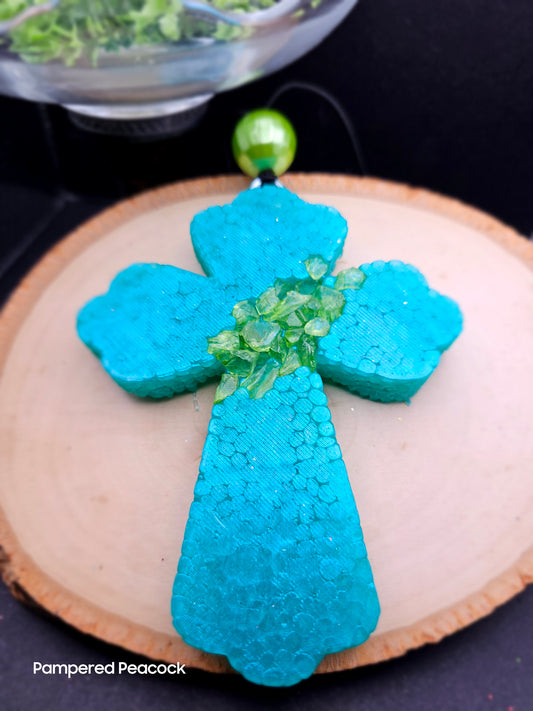 RTS - Turquoise Cross with Green Glass- {Leather and Lace Scent} Freshie *