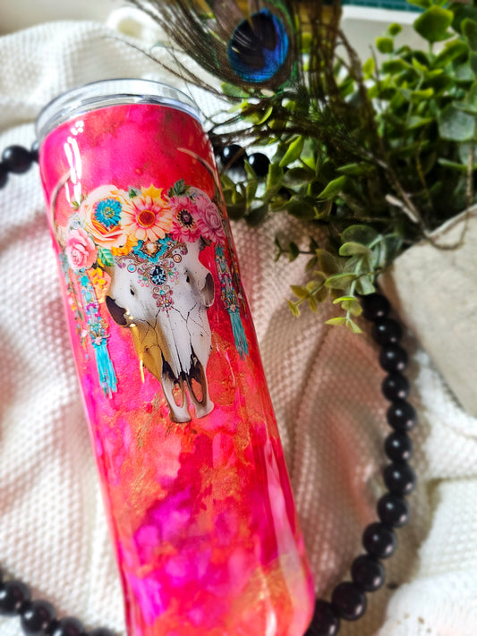 RTS - LISTING #20-15- {Floral Bull skull on pink watercolor Base}